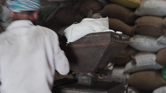 Man pouring rice grains from bags to rice mill machine, 4k footage