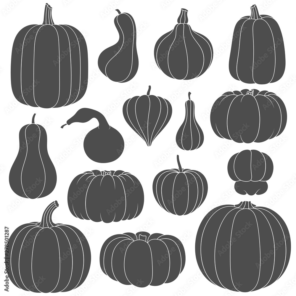 Poster set of black and white silhouettes with pumpkins of different shapes. isolated vector objects on whi