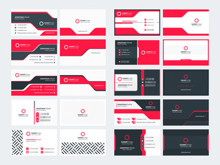 Set of 10 double sided business card templates. Red color theme. Stationery design. Vector illustration