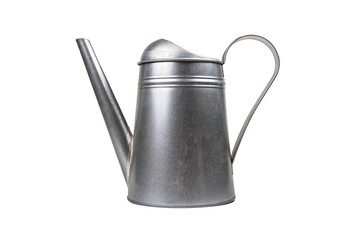 Simple shiny silver watering can isolated on white background, side view. Cut out vintage styled gardening tools, irrigation and flower care concept