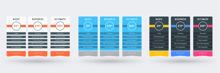 Obraz premium Pricing table color variations. Pricing plans template for websites and applications. Vector illustration