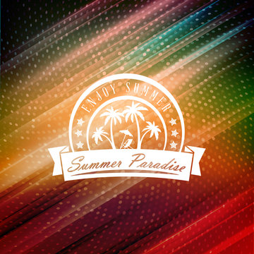Summer holidays poster. Typographic summer badge on the colorful retro background. Vector illustration