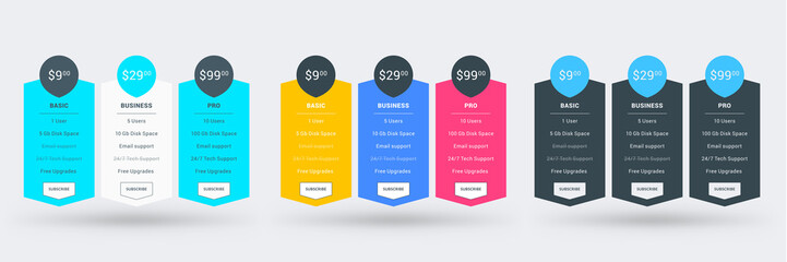 Pricing table color variations. Pricing plans template for websites and applications. Vector illustration