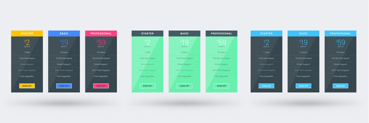 Pricing table color variations. Pricing plans template for websites and applications. Vector illustration