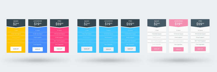 Pricing table design template. Vector pricing plans. Vector illustration