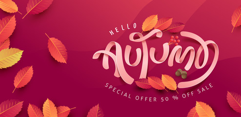 Autumn leaves background. Seasonal lettering.vector illustration.Promotion sale banner of autumn season.