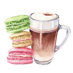 Watercolor cappuccino coffee with macarons french pastry isolated on white background. Delicious sweet dessert illustration.