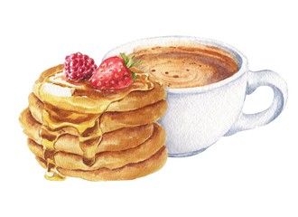 Watercolor pancakes with coffee cup isolated on white background. Delicious breakfast, sweet dessert illustration.