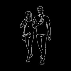 Tall man with cup of soda and woman walking with him by the hand. Monochrome vector illustration of couple of young people in simple line art style. White lines isolated on black background. Concept.