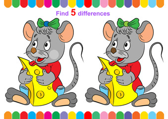 illustration, children's puzzle, educational game. Find 5 differences. For younger children. Cartoon characters.