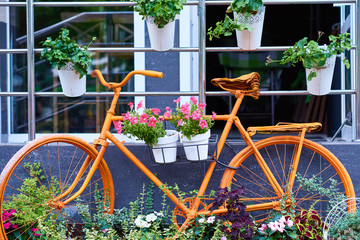 Old orange bicycle decorated with a flowers. Cafe decore in city