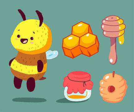 Cartoon bee with honey vector set isolated on background.