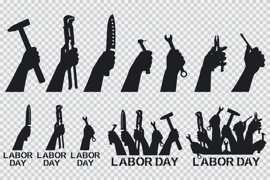 Labor day. Hand holding tools vector black silhouettes icons set isolated on a transparent background.
