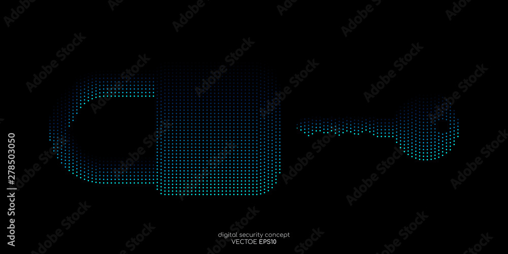 Poster Security concept key and padlock dots line pattern blue color isolated on black background. Vector illustration technology, digital, security.
