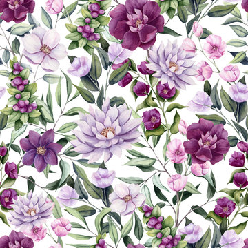 Seamless Pattern of Watercolor Flowers, Berries and Leaves