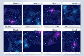 Scientific brochure design template. Vector flyer layout, Molecular structure with connected lines and dots. Scientific pattern atom DNA with elements for magazine, leaflet, cover, poster design.