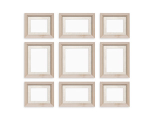 Frames collage, nine wooden realistic frameworks set with decorative textile background, isolated on white wall