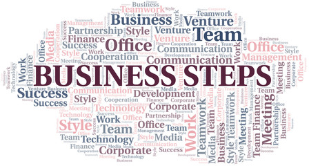 Fototapeta premium Business Steps word cloud. Collage made with text only.