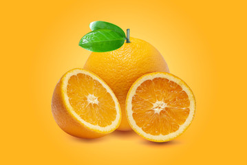 Fresh orange isolated on orange background.Juicy and sweet and renowned for its concentration of vitamin C