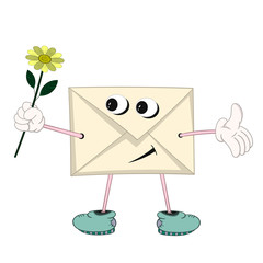 A funny cartoon yellow letter with eyes, arms, legs and mouth holds a yellow flower in his hand and smiles.