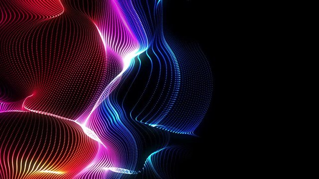 Seamless neon glowing waves. Big data wave of particles. Futuristic neon glowing surface. Abstract minimalist motion background. Loopable 4k