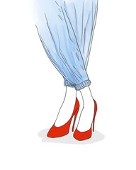 woman legs in blue jean and high red heel shoes