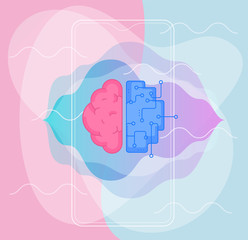 Artificial digital brain learning and machine thinking concept. Trendy bright vector illustration