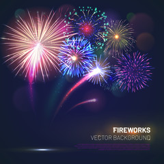 Realistic fireworks explosions with shining sparks on dark background. Festive template with brightly colorful fireworks and free space for text. Pyrotechnics light show vector illustration.