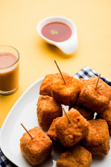 Crispy Paneer popcorn is a popular party snack and an appetiser. selective focus