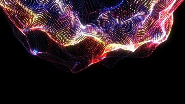 Seamless neon glowing waves. Big data wave of particles. Futuristic neon glowing surface. Abstract minimalist motion background. Loopable 4k