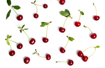 Raw cherry fruit on white flat lay