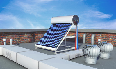 Solar water heater on roof, alternative energy. 3d rendering