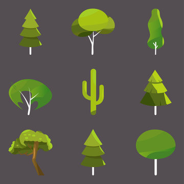 Collection of trees illustrations. Can be used to illustrate any nature or healthy lifestyle topic. - Vector. Pine and oak, evergreen plant illustration.