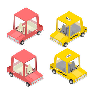 Vector Isometric icon set representing passenger cars in different views. Sedans, taxi and police cars included.