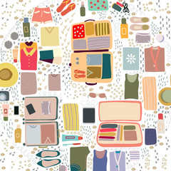 Top view packed suitcase and flat lay clothes on white background with texture