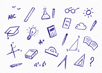 Hand drawn set of doddles supplies on sheet of exercise book background