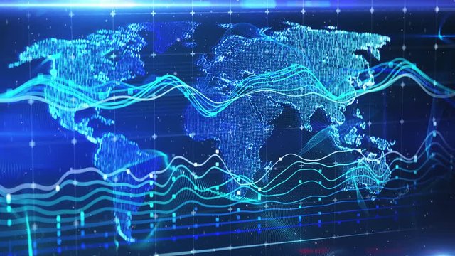 Blue world map background, financial news report intro, stock exchange, graphs. International news, simple backgrounds