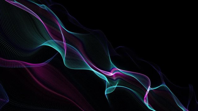 Seamless neon glowing waves. Big data wave of particles. Futuristic neon glowing surface. Abstract minimalist motion background. Loopable 4k