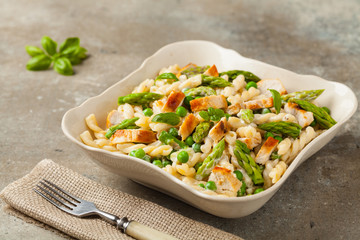 Italian pasta fusilli. Salad with chicken and asparagus in Béchamel sauce.