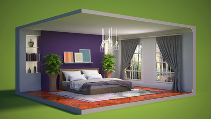 Fototapeta na wymiar Interior of the bedroom in a box. 3D illustration