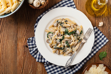Penne pasta with spinach and mushrooms. Sprinkled with cheese.