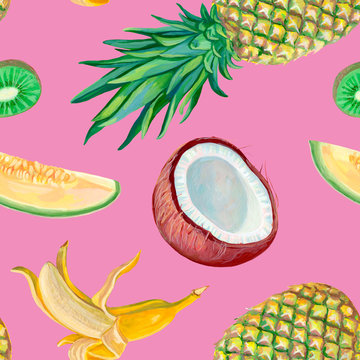 Seamless pattern with bright and fresh fruits. Pineapple, banana, melon, coconut, kiwi on a purple background. Beautiful tropical hand-drawn wallpaper. Realistic acrylic drawings.