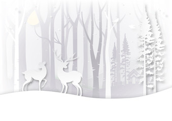 Winter season landscape and christmas day concept with deer wildlife in forest background paper art style.Vector illustration.