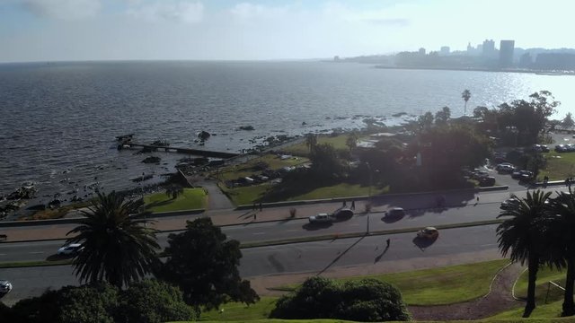 Aerial Drone Footage Rambla Parque Rodo Montevideo Uruguay