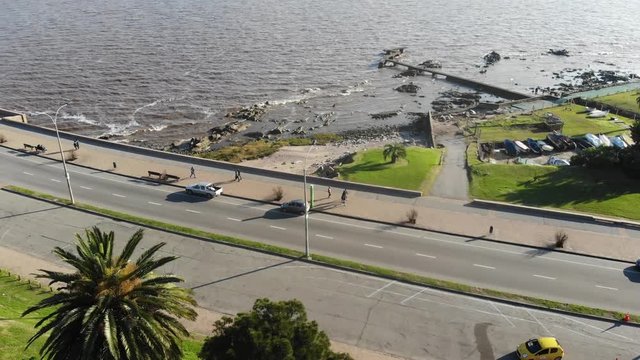 Aerial Drone Footage Rambla Parque Rodo Montevideo Uruguay