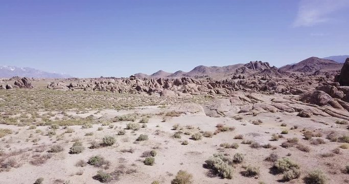 Alabama Hills,Lone Pine , California. Aerial drone shot above rocky formations. low altitude,dolly in shot
