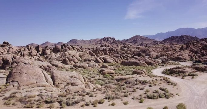 Rock Formations Of Alabama Hills , Lone Pine , California aerial drone dolly in shot