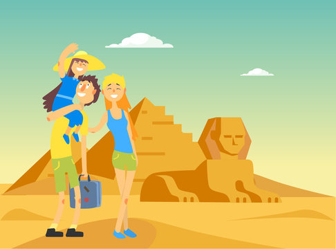 Happy Family Traveling and Sightseeing in Egypt, Smiling Mother, Father and Daughter Posing Near Egyptian Pyramid Vector Illustration