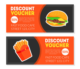 Fast Food Discount Voucher Templates Set, Restaurant, Cafe Design Element, Gift Coupon, Snack Promo Offer Card Vector Illustration