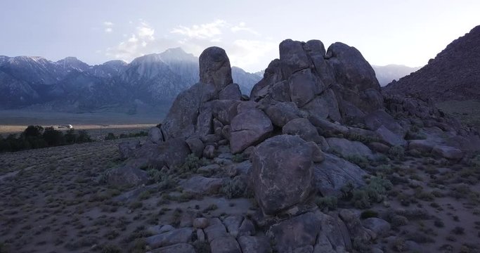 Boulders in  Alabama Hills , Lone Pine , California aerial drone dolly in shot